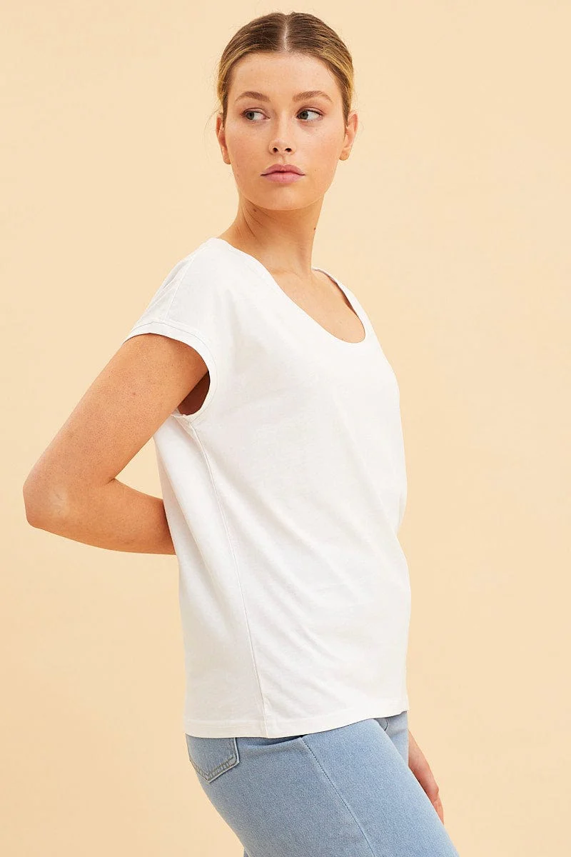 White Relaxed T-Shirt Scoop Neck Drop Shoulder - Image 4