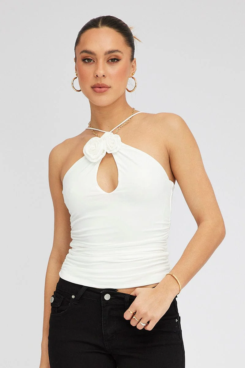 White Rose Top Halter Neck Crossover Rosette Stretch - Image 3