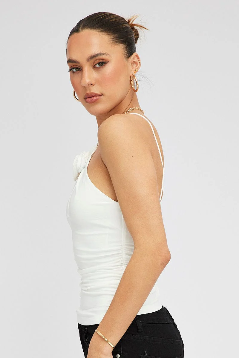 White Rose Top Halter Neck Crossover Rosette Stretch - Image 5