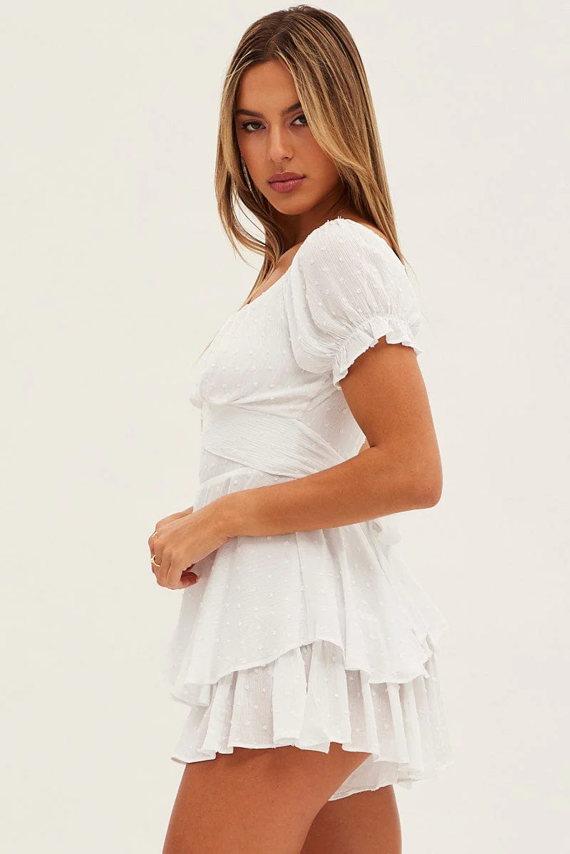 White Ruffle Playsuit Short Sleeve Tie Back - Image 4