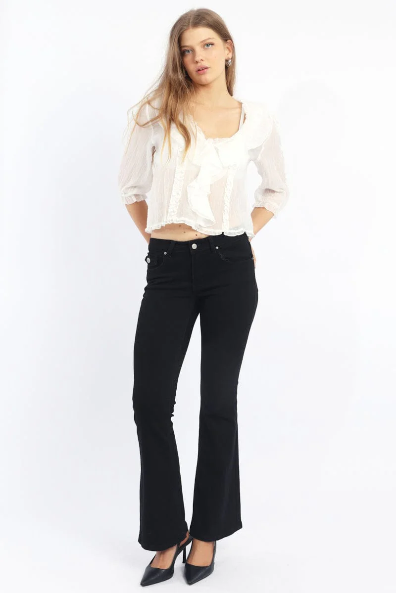 White Ruffled Top Mid Sleeve V-neck Poet's Blouse - Image 2