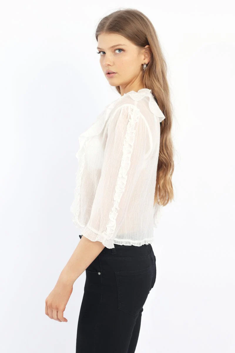 White Ruffled Top Mid Sleeve V-neck Poet's Blouse - Image 3