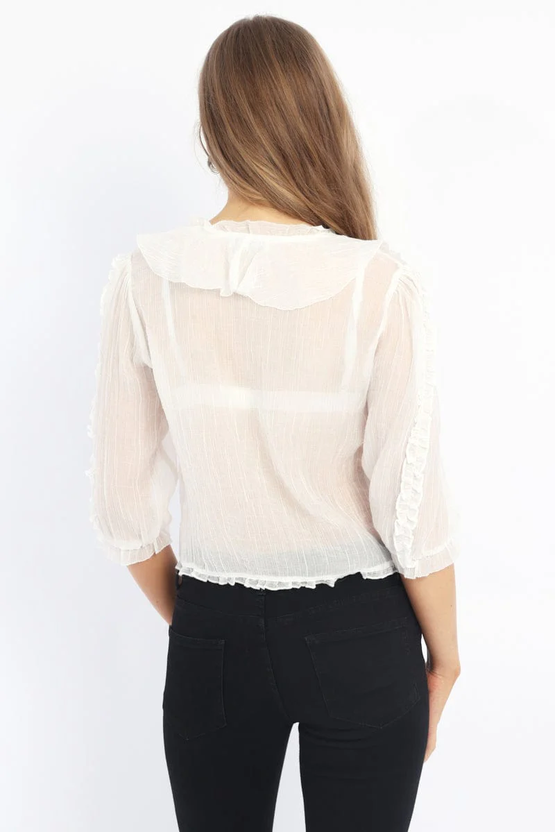 White Ruffled Top Mid Sleeve V-neck Poet's Blouse - Image 4
