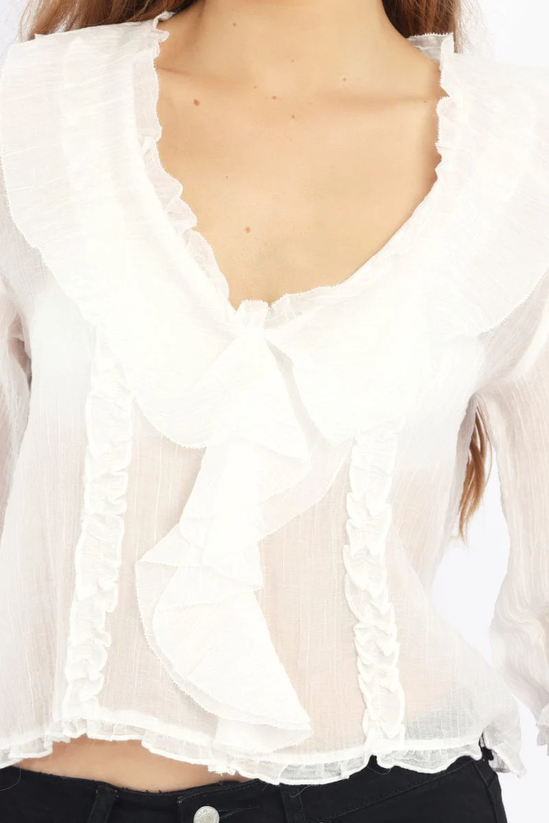 White Ruffled Top Mid Sleeve V-neck Poet's Blouse - Image 5