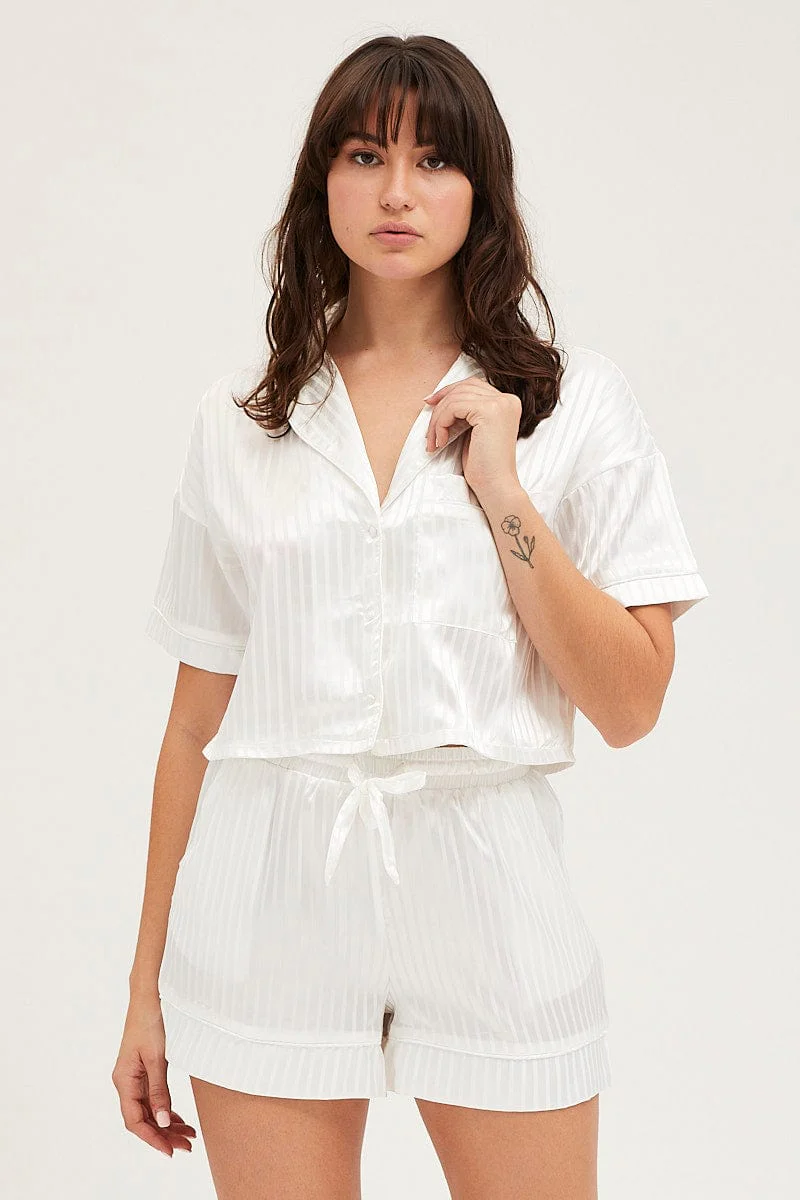 White Satin Pajamas Set Short Sleeve - Image 2