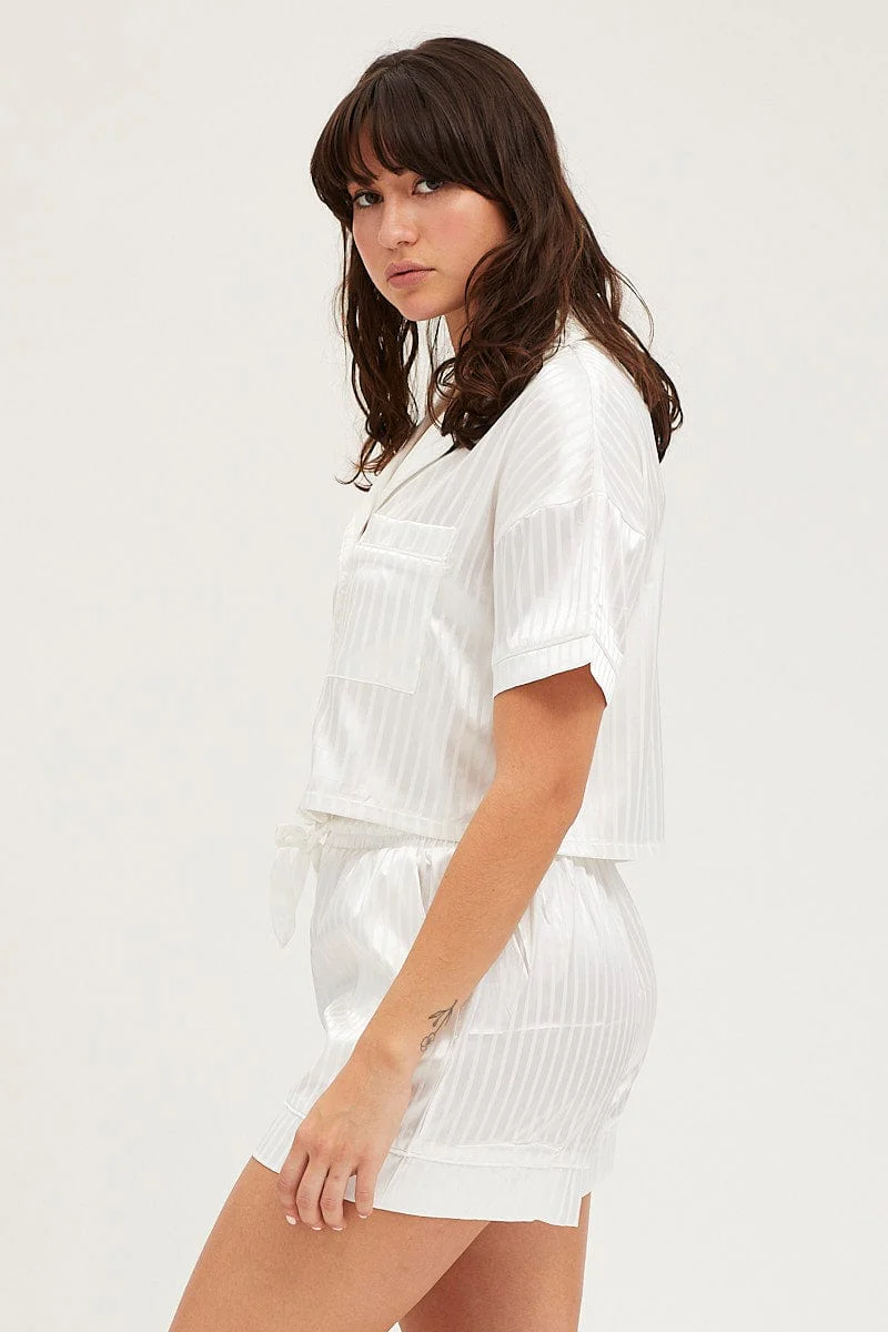 White Satin Pajamas Set Short Sleeve - Image 4