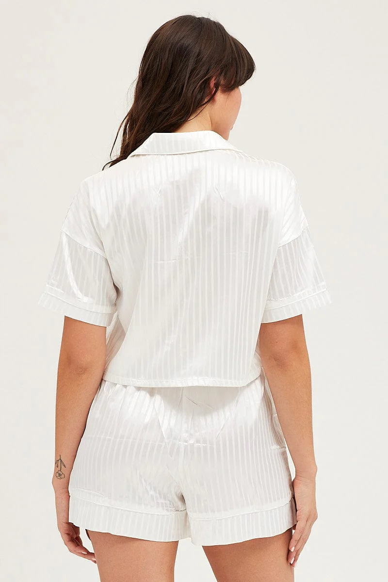 White Satin Pajamas Set Short Sleeve - Image 5