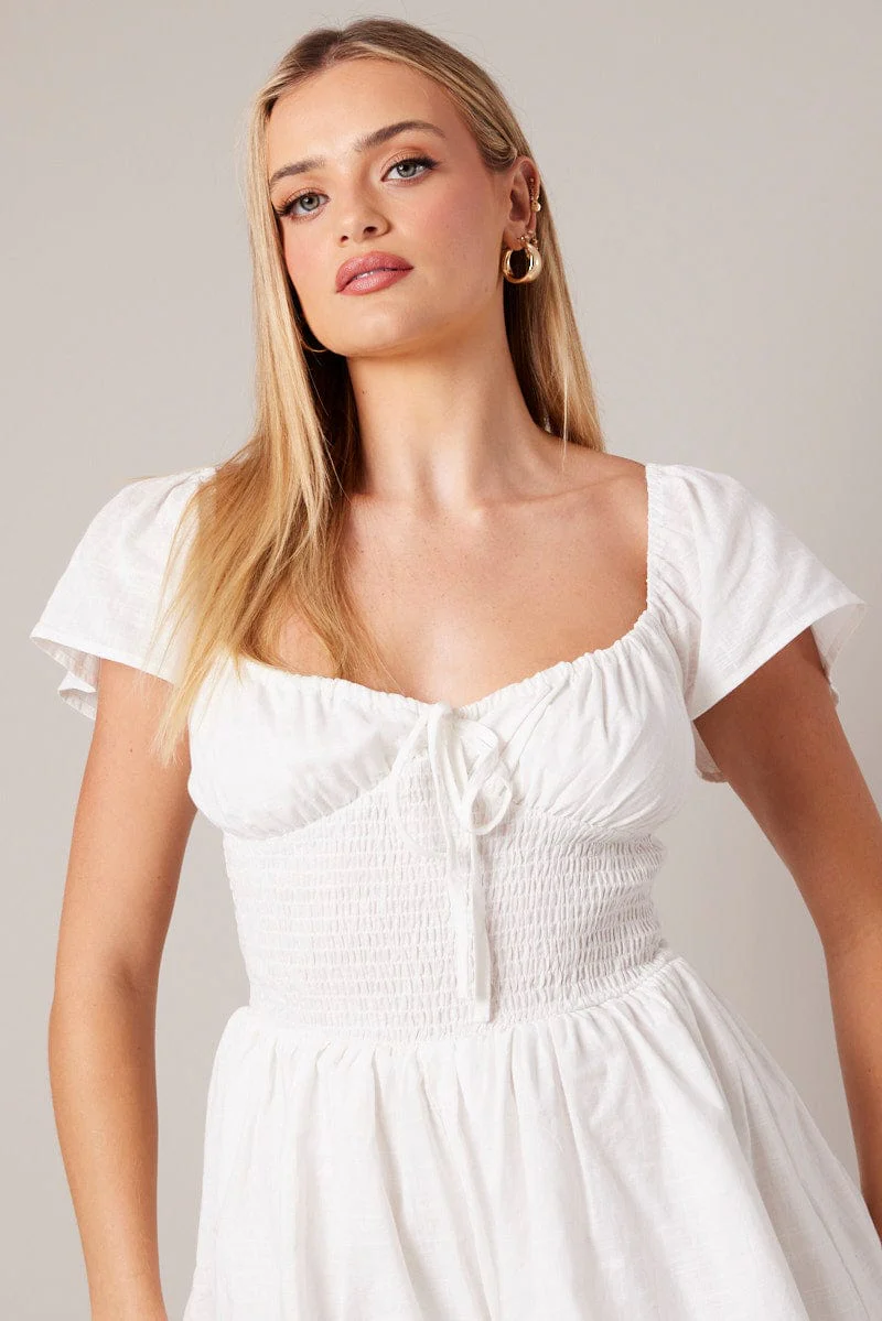 White Shirred Playsuit Short Sleeve - Image 3
