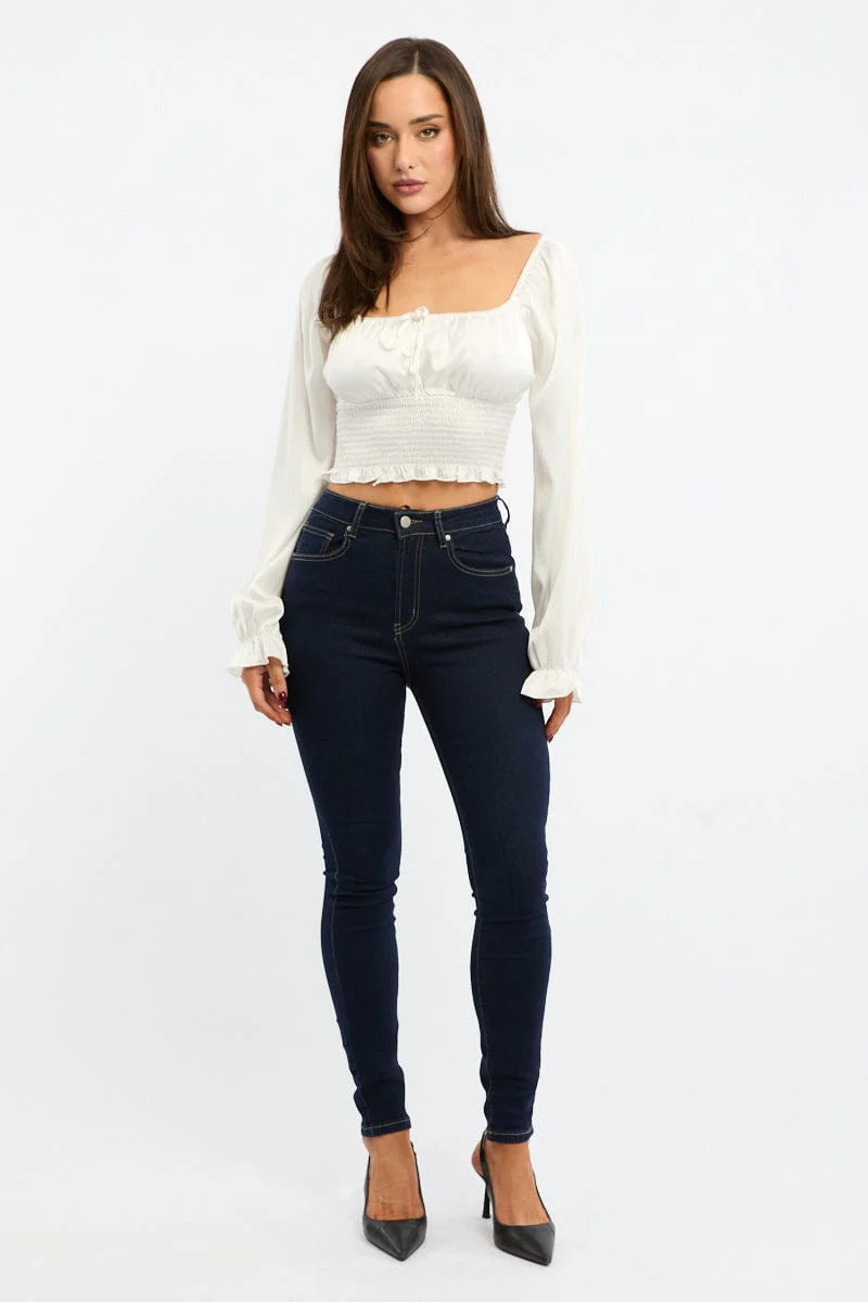 White Shirred Top Long Sleeve Square Neck Satin - Image 2