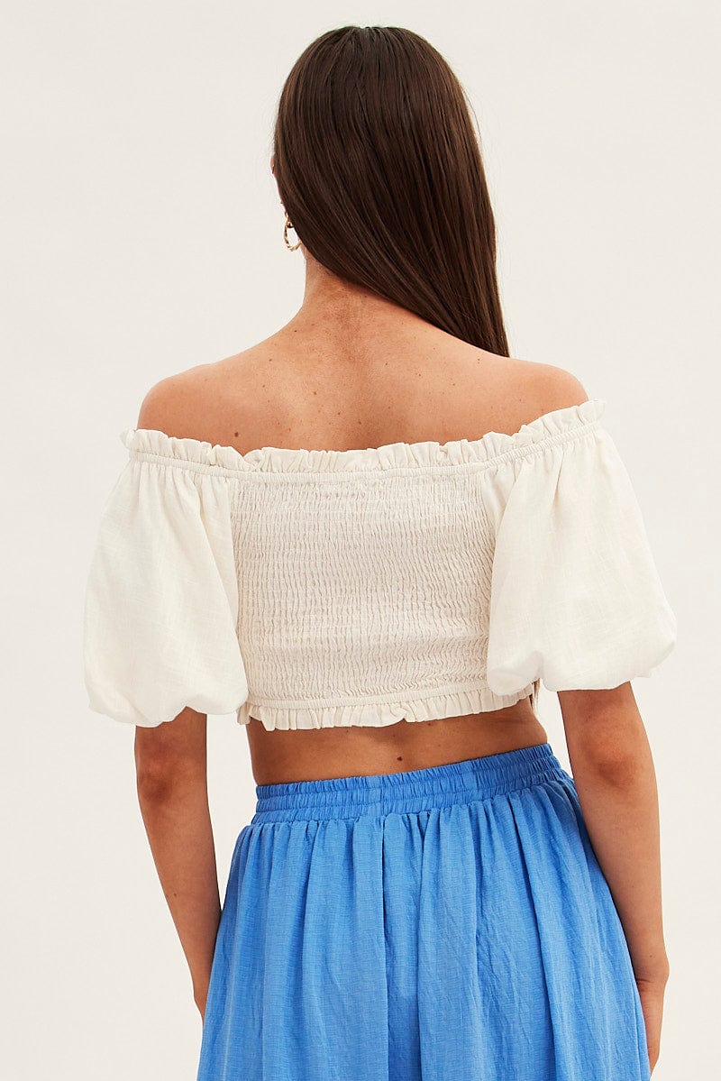 White Shirred Top Volume Short Sleeve Crop Linen Blend - Image 5