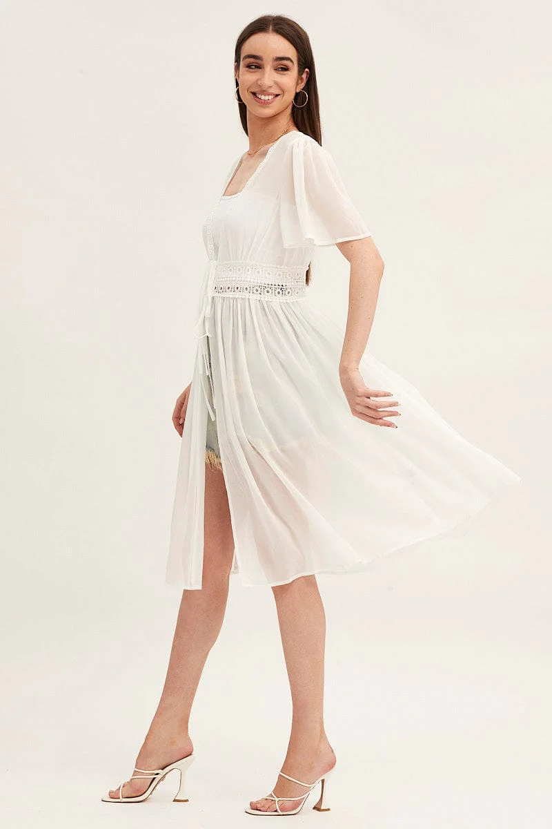 White Short Sleeve Eyelet Tie Front Kimono - Image 4