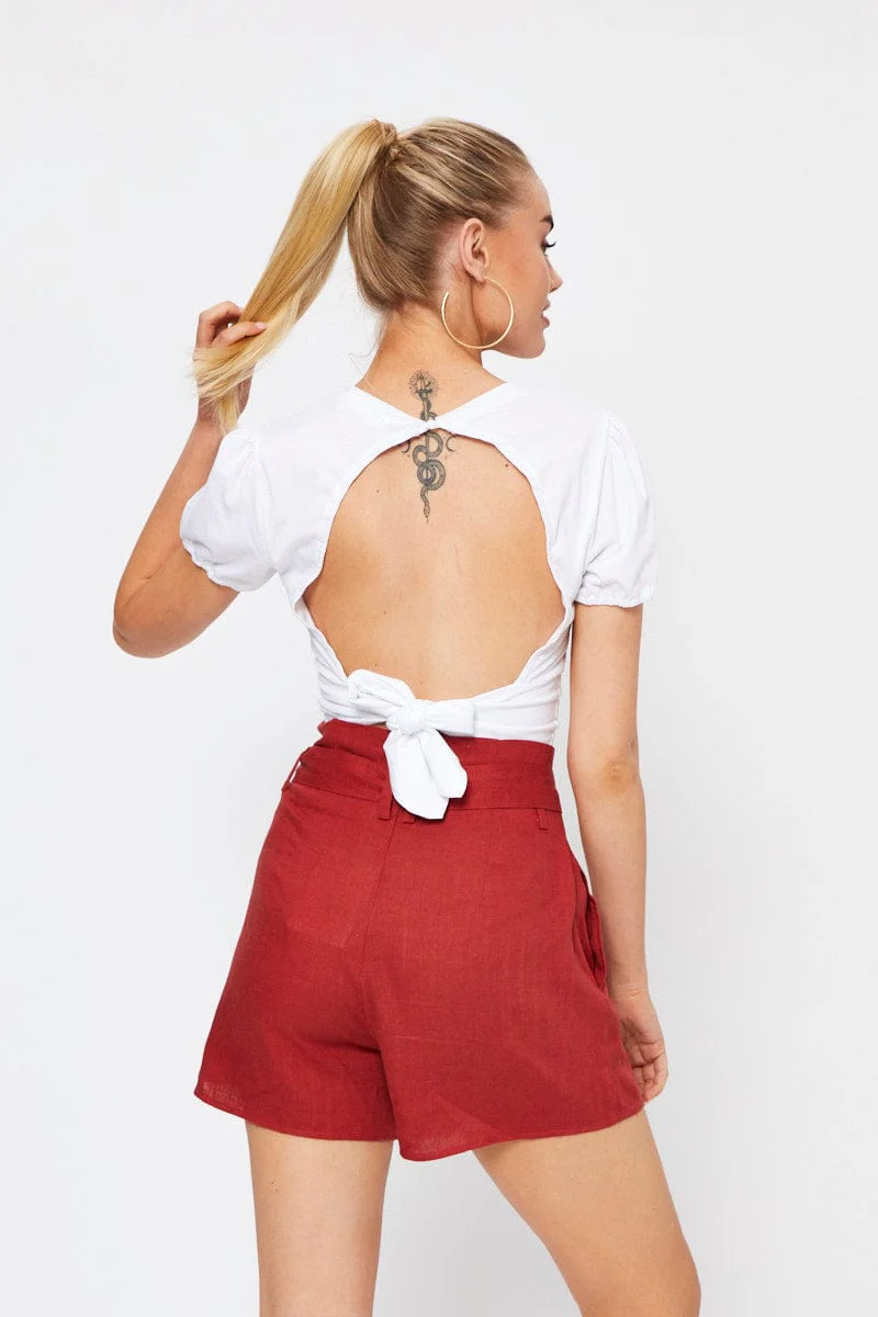 White Short Sleeve Jersey Floral Print Open Back Tie Top - Image 5