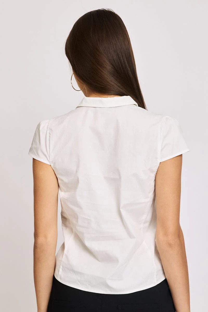 White Short Sleeve Shirt Collared Button Up Lined - Image 4