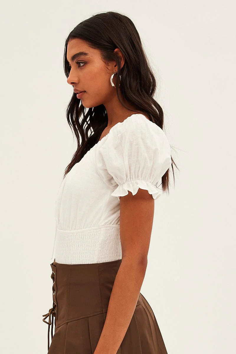 White Short Sleeve V-Neck Keyhole Shirred Bodysuit - Image 4