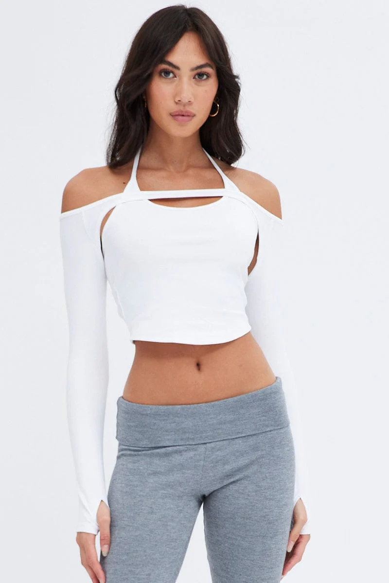 White Shrug & Halter Top Set Long Sleeve Semi-crop - Image 3