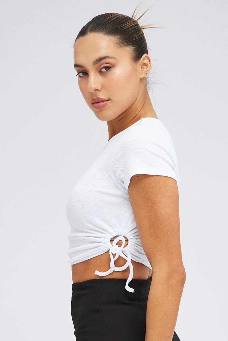 White Side Ruching Top Short Sleeve Crop - Image 4