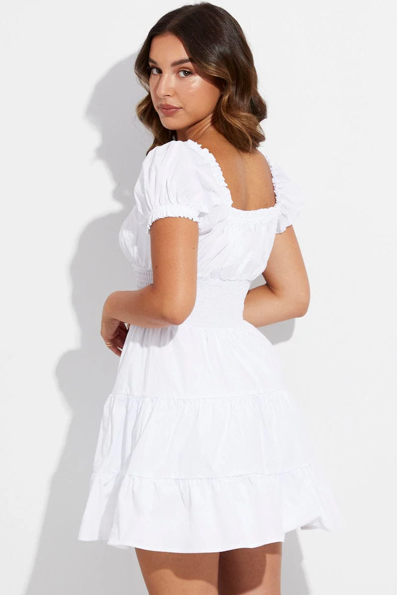 White Skater Dress Short Puff Sleeve V Neck Cotton - Image 5