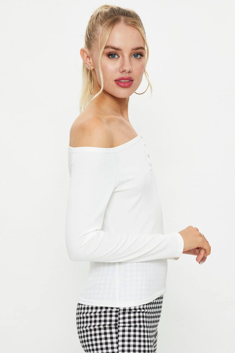 White Snap Button Off Shoulder Knit - Image 4