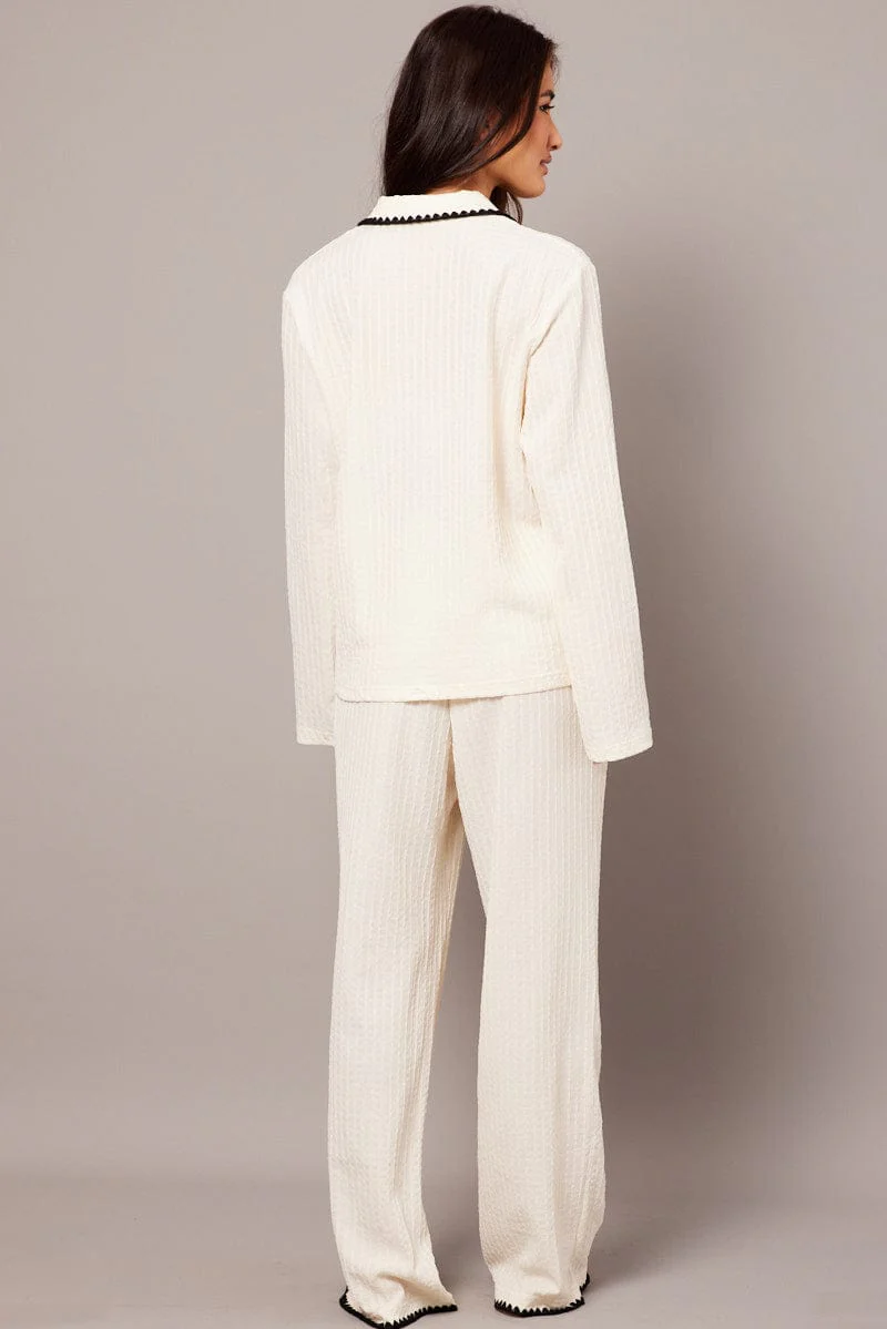 White Soft PJ Set Contrast Trim Long Leg Pyjama - Image 5