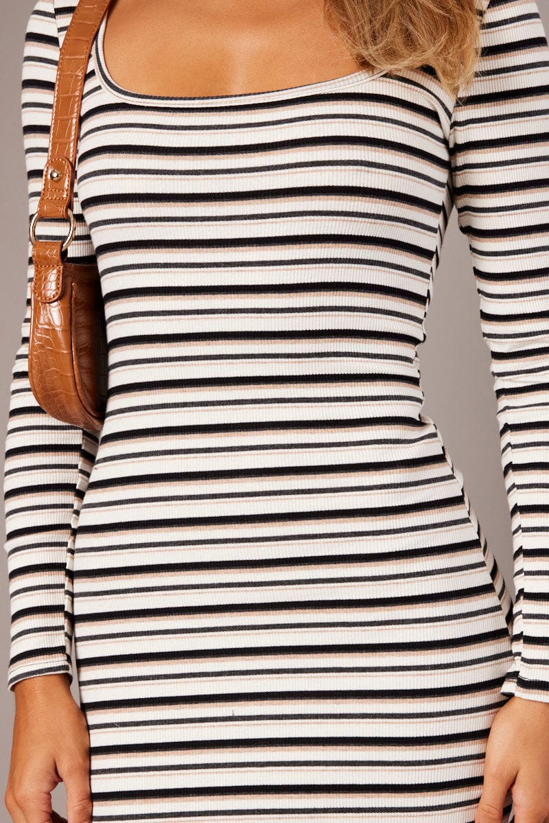 White Stripe Bodycon Dress Long Sleeve - Image 6