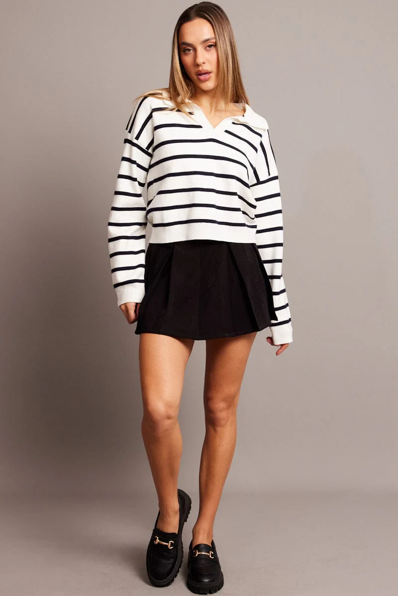 White Stripe Knit Top Long Sleeve Collar - Image 2