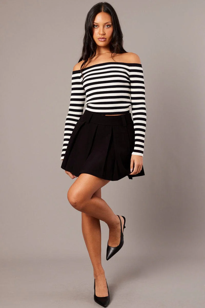 White Stripe Knit Top Long Sleeve Off Shoulder - Image 2