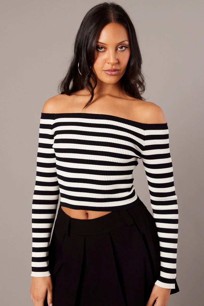 White Stripe Knit Top Long Sleeve Off Shoulder - Image 3