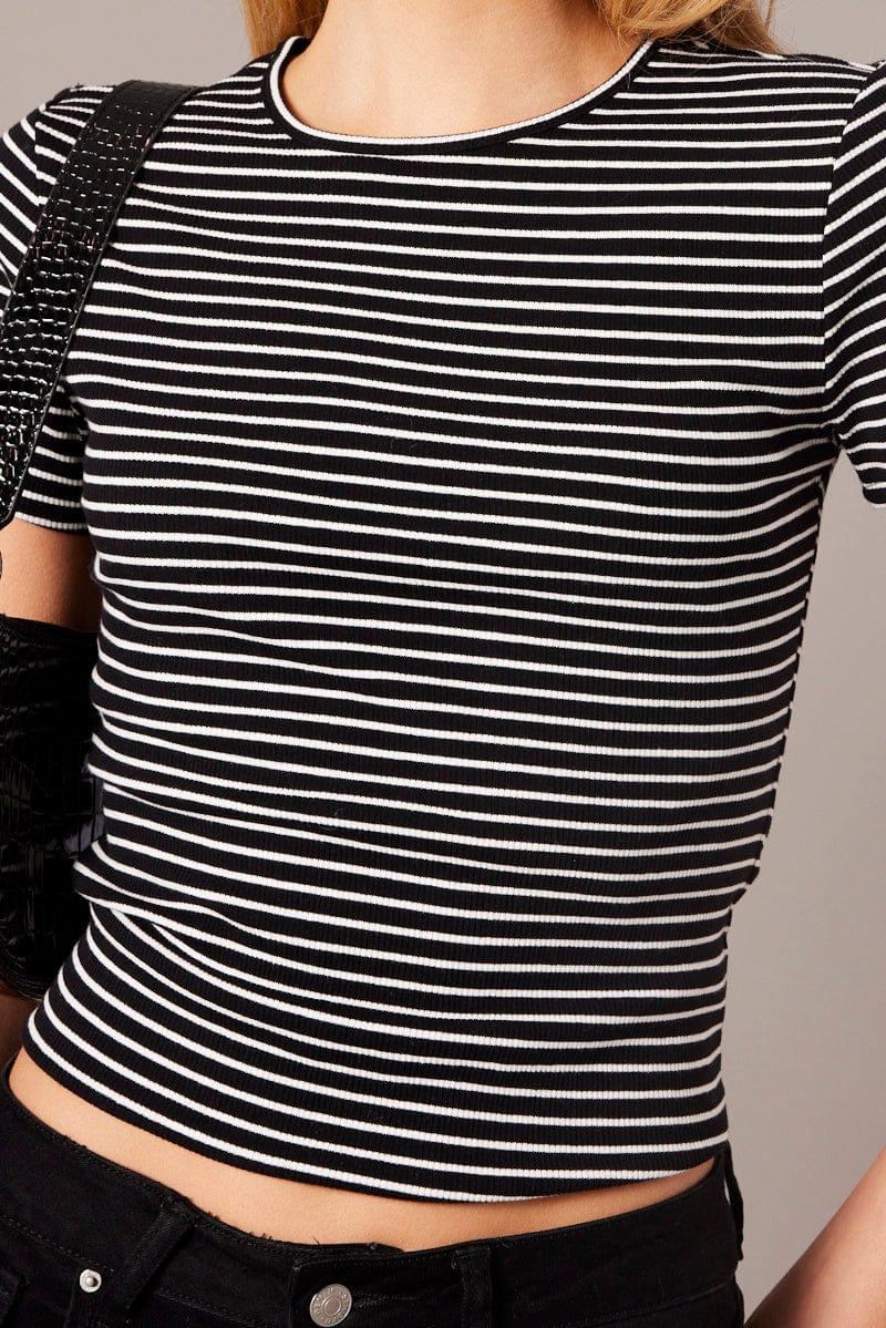 Black Stripe Longline T Shirt Short Sleeve Crew Neck Rib Jersey - Image 6