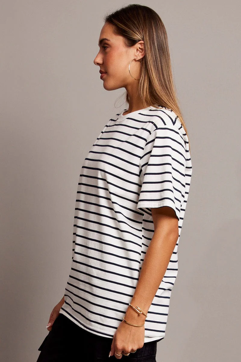 White Stripe Oversized T Shirt Short Sleeve Crew Neck - Image 4
