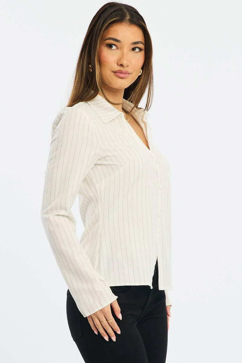 White Stripe Shirt Long Sleeves Collared Button Up Pinstripe - Image 3