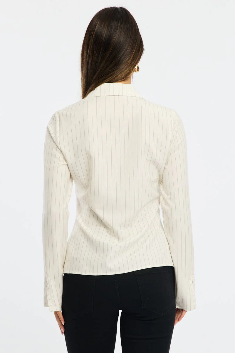 White Stripe Shirt Long Sleeves Collared Button Up Pinstripe - Image 4