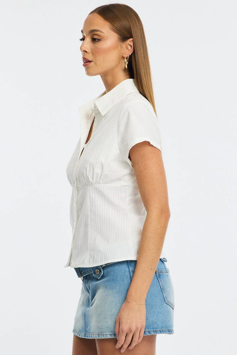 White Stripe Short Sleeve Shirt Collared Button Up Textured - Image 3