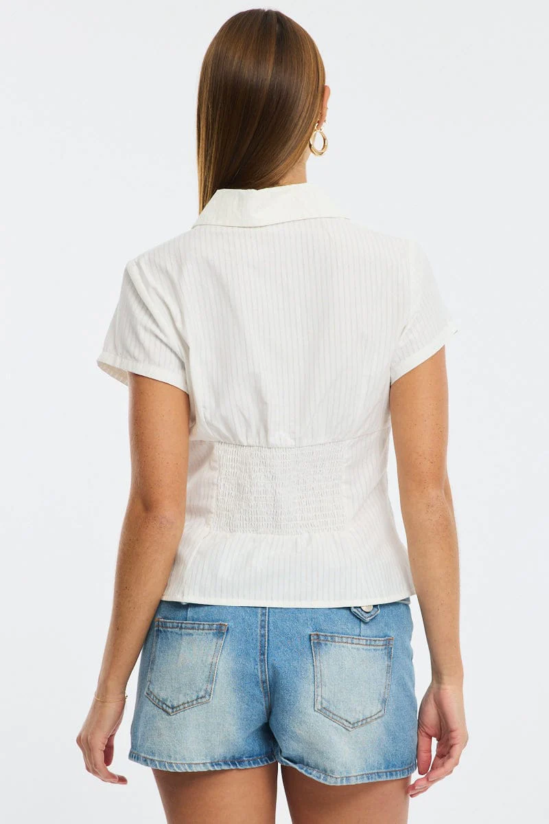 White Stripe Short Sleeve Shirt Collared Button Up Textured - Image 4