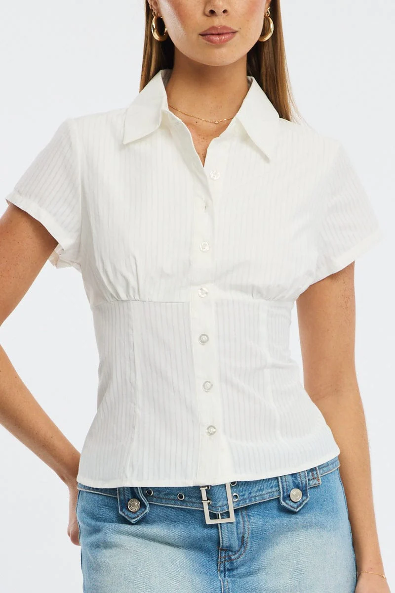 White Stripe Short Sleeve Shirt Collared Button Up Textured - Image 5