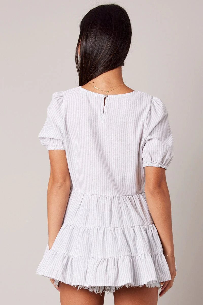 White Stripe Smock Top Short Sleeve Tiered - Image 5