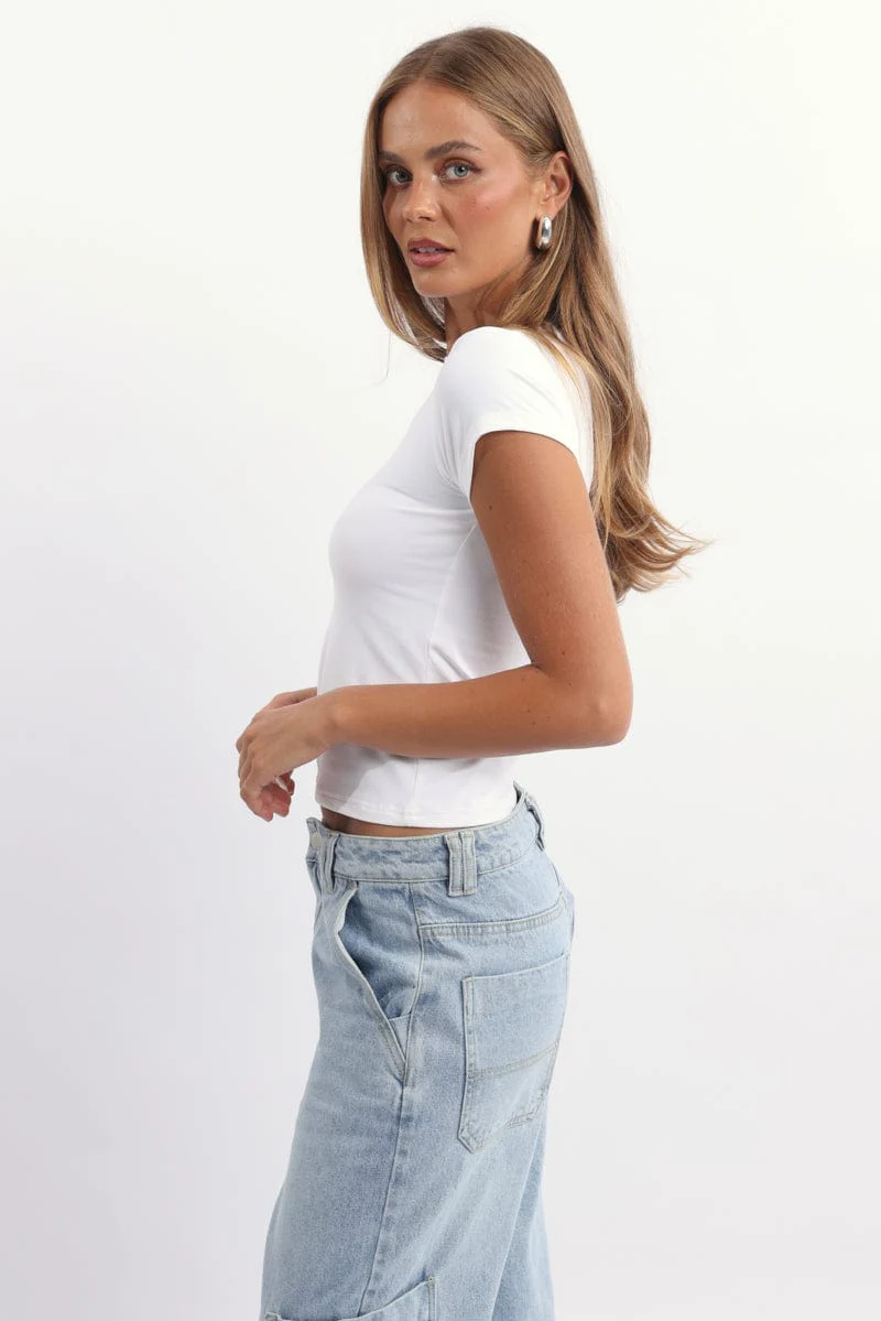 White T-Shirt Short Sleeve Crew Neck Long Line - Image 4