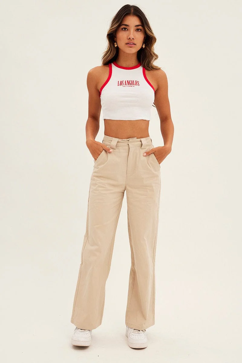 White Tank Top Contrast Round Neck Embroidery Rib - Image 2