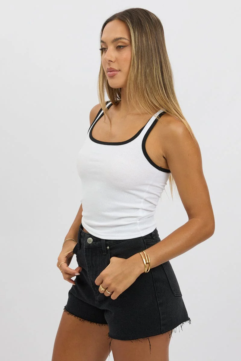 White Tank Top Sleeveless Contrast Trim - Image 4