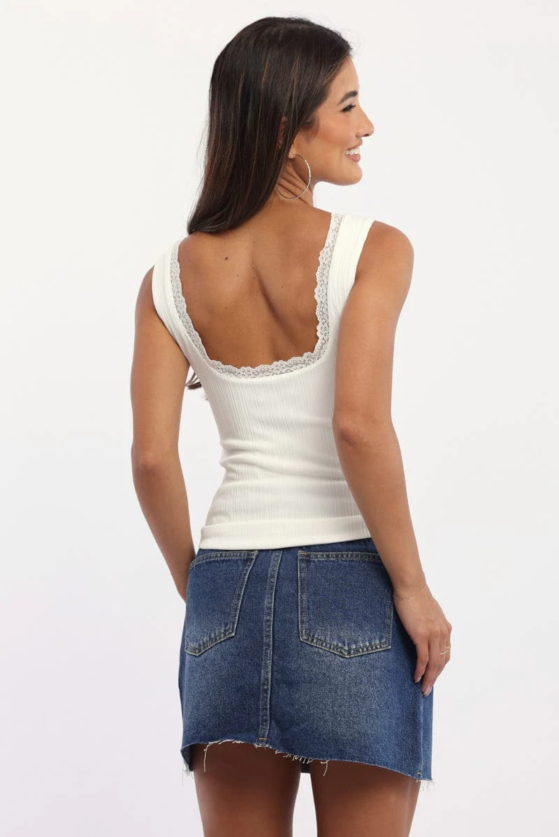 White Tank Top Sleeveless Lace Trim - Image 3