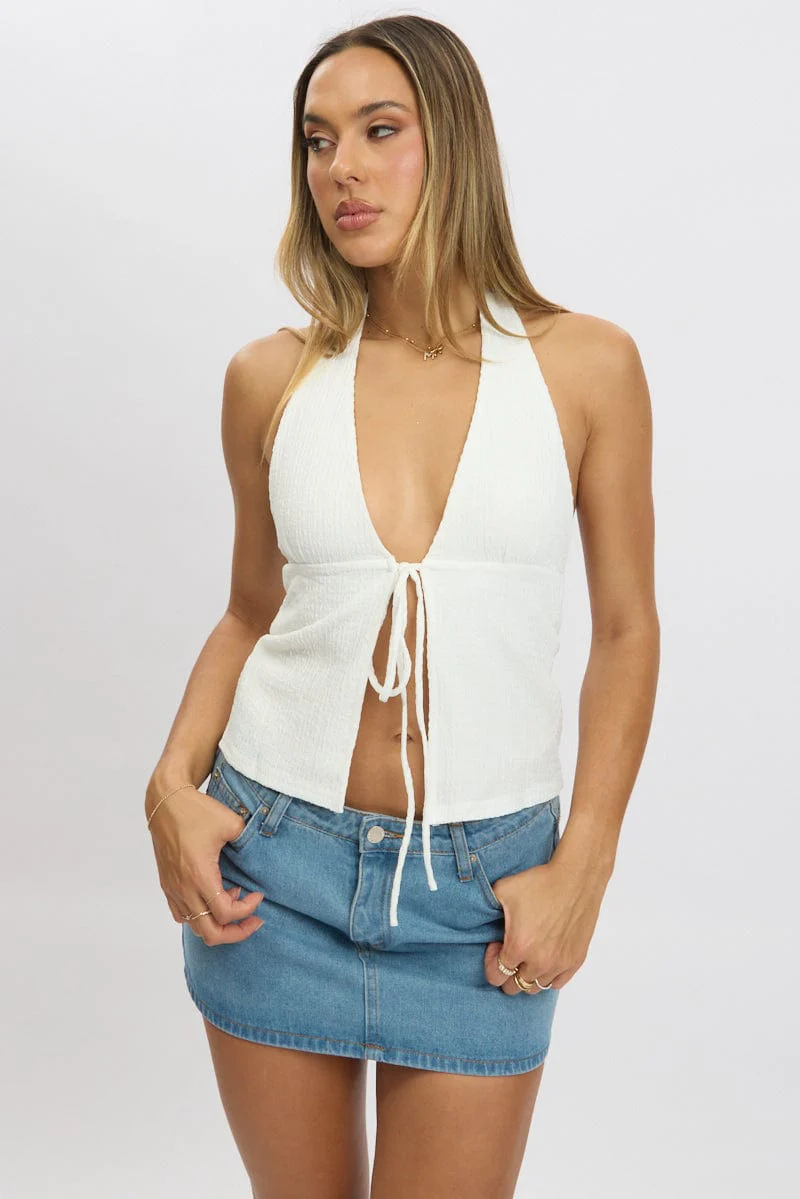 White Textured Top Halter Neck Tie Up Front - Image 3