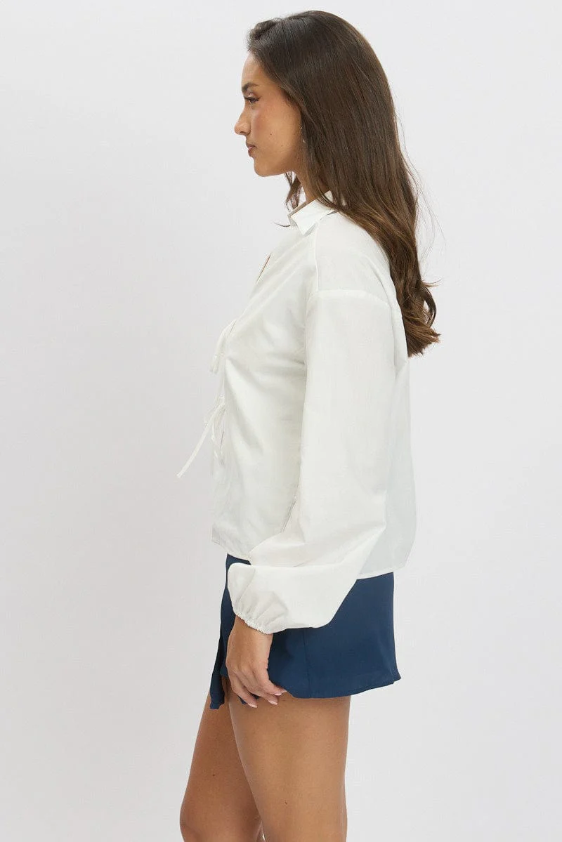 White Tie Up Front Top Long Sleeve - Image 4