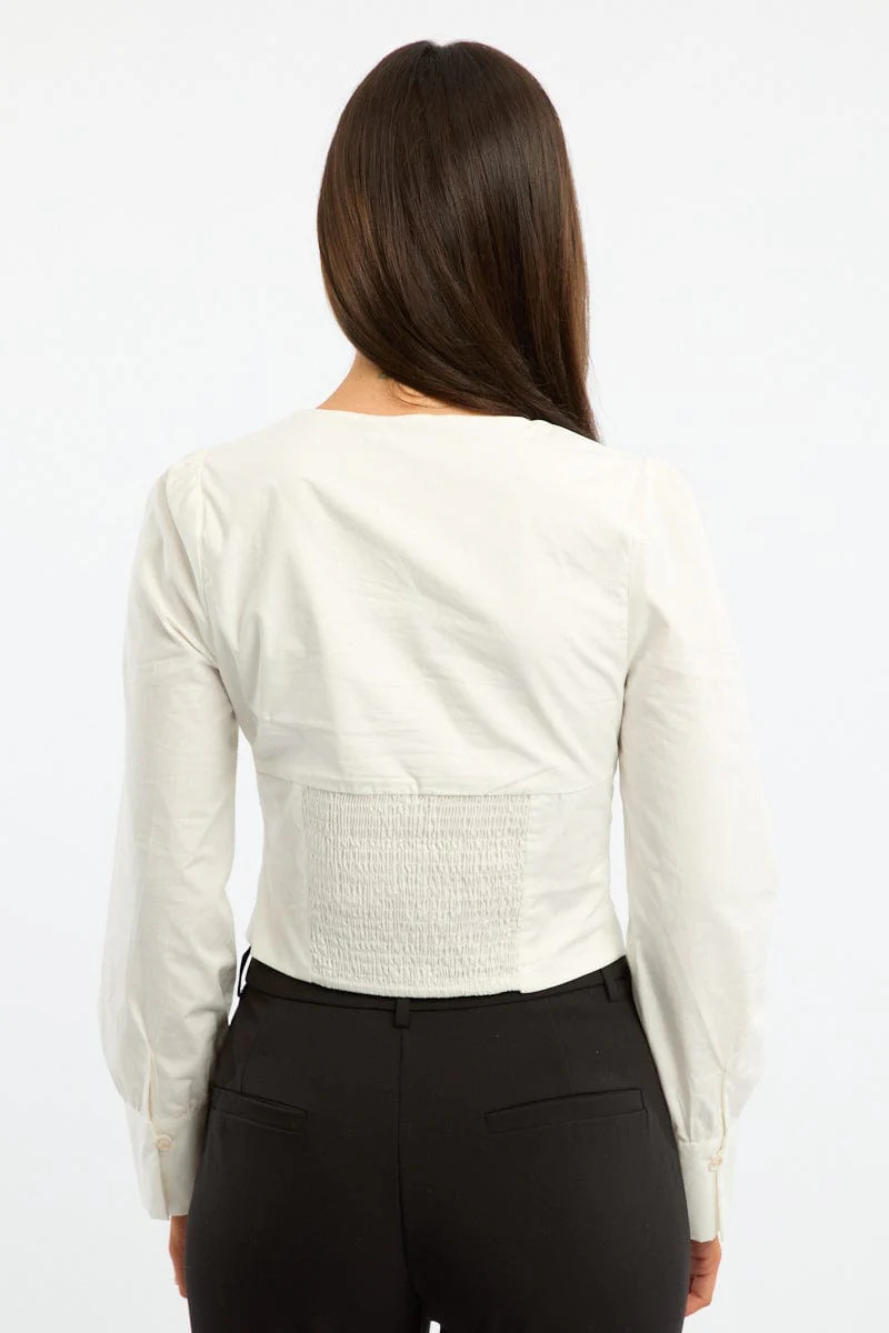 White Top Long Sleeve Collared Button Up Shirred Back - Image 4
