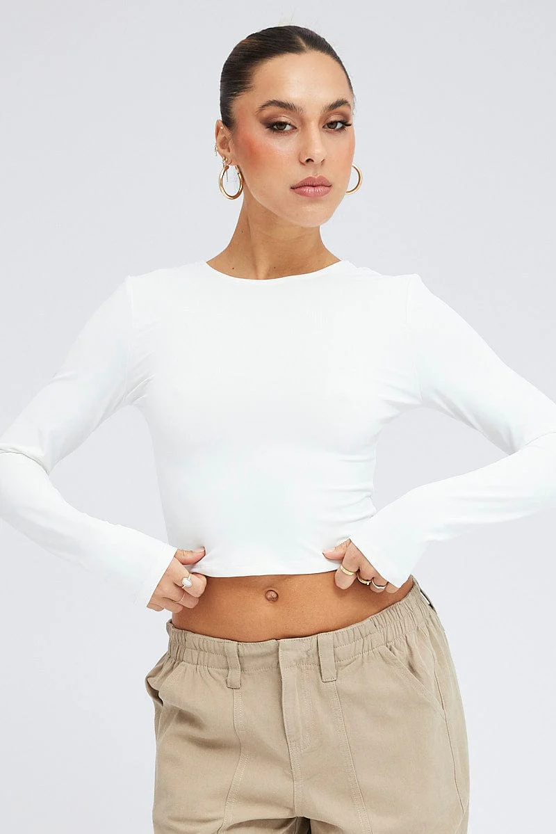 White Top Long Sleeve Round Neck Elastic Back Jersey - Image 2