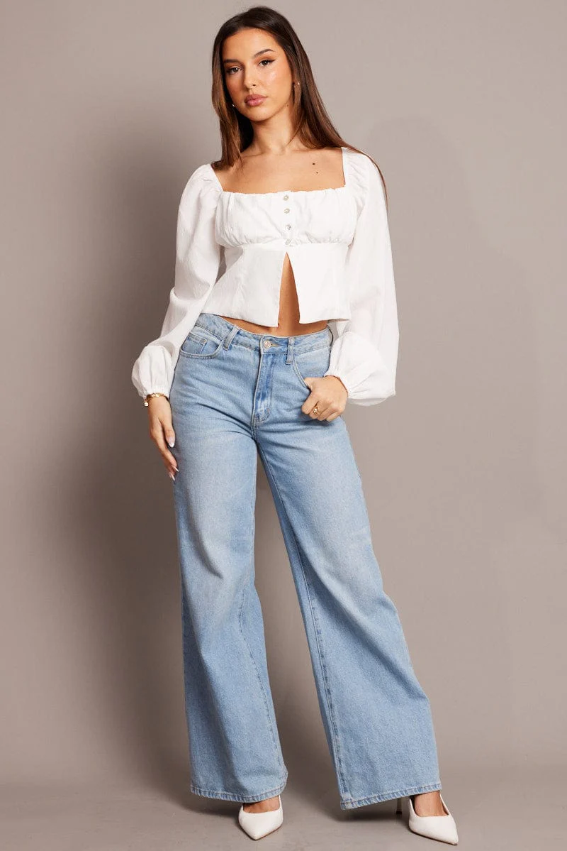 White Top Long Sleeve Square Neck Ruched Bust - Image 3