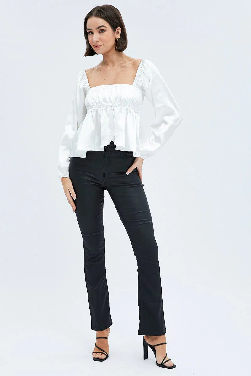 White Top Long Sleeve Square Neck Shirred Ruched Satin - Image 2