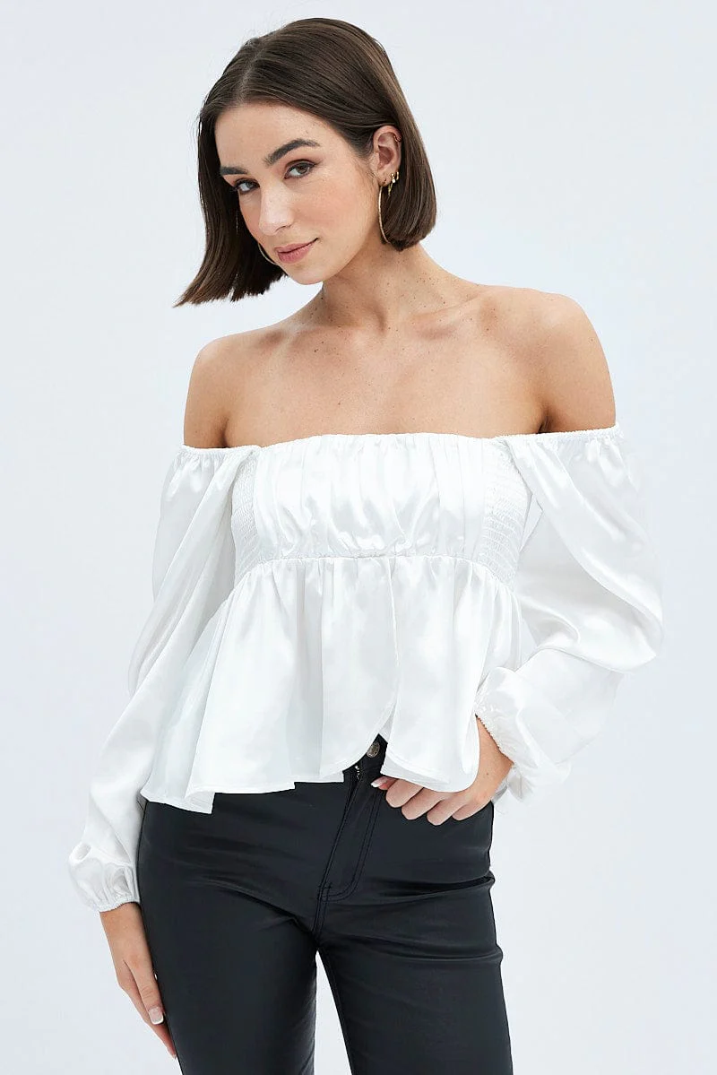 White Top Long Sleeve Square Neck Shirred Ruched Satin - Image 3
