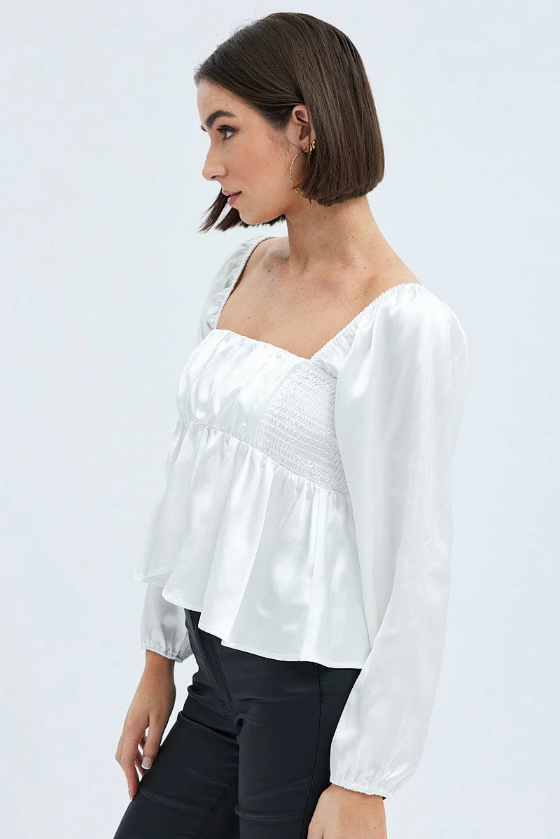 White Top Long Sleeve Square Neck Shirred Ruched Satin - Image 4