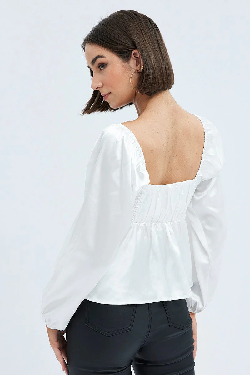 White Top Long Sleeve Square Neck Shirred Ruched Satin - Image 5