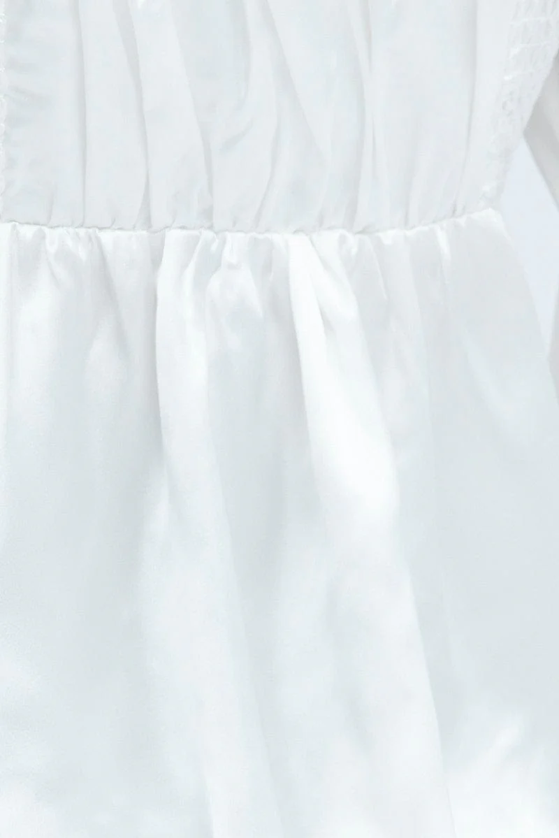 White Top Long Sleeve Square Neck Shirred Ruched Satin - Image 6