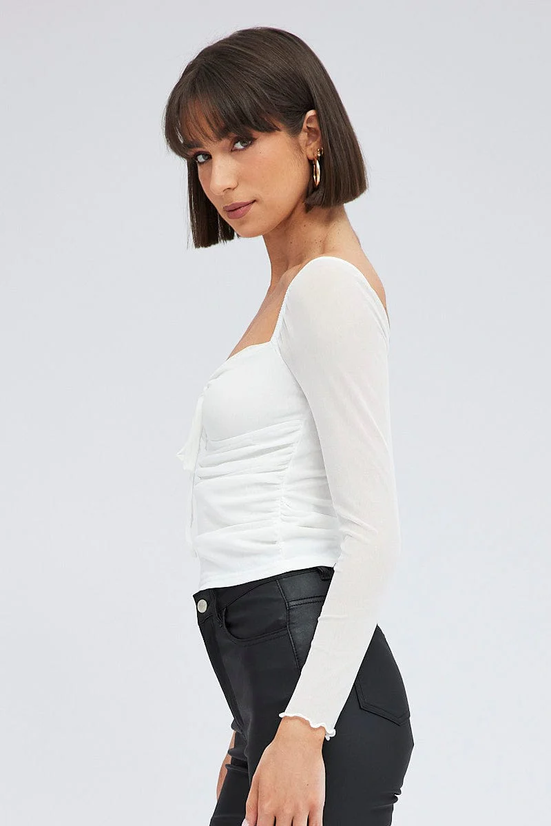 White Top Long Sleeve Sweetheart Keyhole Ruched Mesh - Image 4